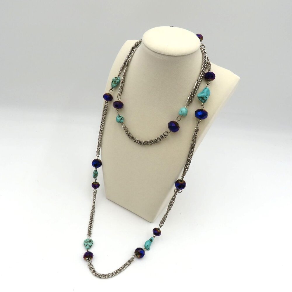 Station Bead Necklace 42" Long‎ Silver Tone Chain Turquoise Faceted Blue Beads